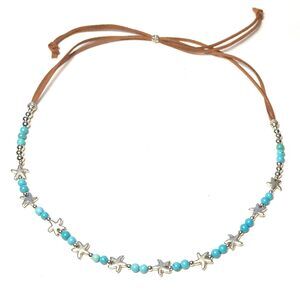 9983 Coastal Silver Starfish Hat Band For Women Vibrant Blue Turquoise Bead